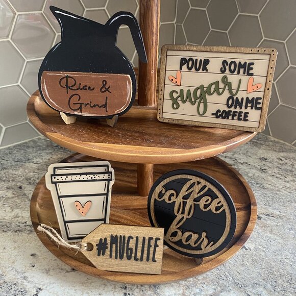 Handmade Coffee Bar Tiered Tray Decor, Kitchen, 8 Pieces, Brown, Black, White - Picture 3 of 9